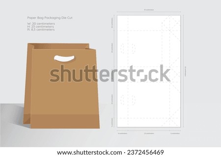 Paper bag packaging template, elegant flat 3D mockup, and die-cut out