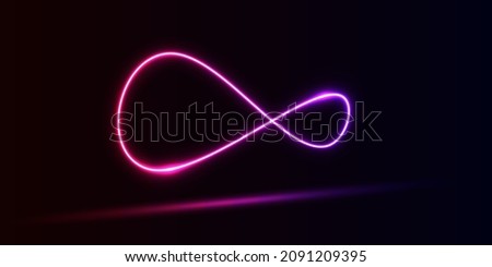 Infinity symbol neon render in pink and purple with dark background and its reflection.