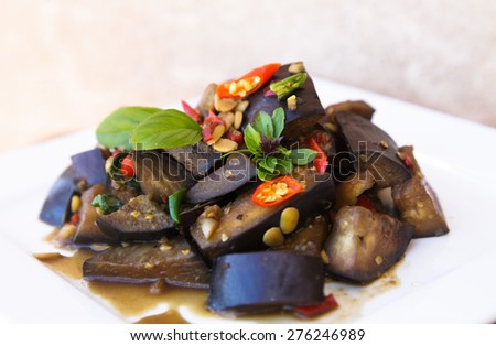Vegetarian food Thai Style Eggplant Stir-Fry with Bean paste and chillli, Thai basil