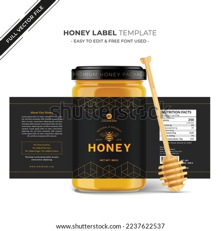 Bee hive pure Honey design glass jar bottle, creative and modern health product branding black label new packaging, vector editable graphic design template,
food label packaging 3d print line design.