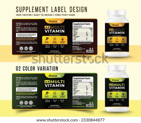 Multi vitamin label sticker design and food supplement sticker banner packaging,pill bottle jar label can all medical health nutrition tablet product print ready vector modern file with mockup.