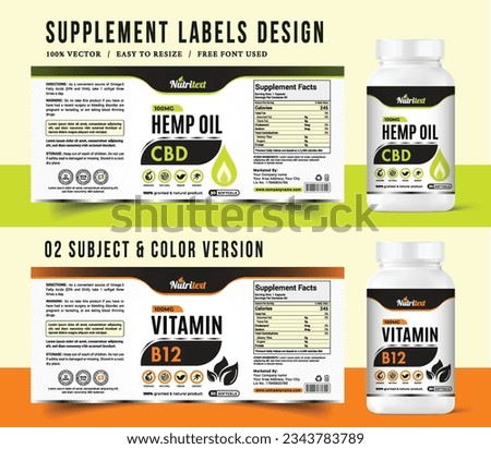multi vitamin or food supplement sticker bottle jar label design banner packaging oil label and capsule pill human good for health medical product.