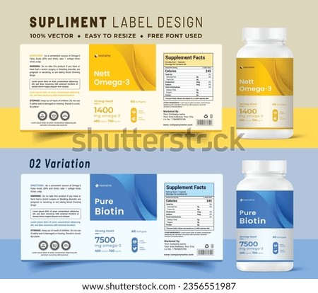 Multi vitamin label sticker design and natural calcium food supplement banner packaging,
capsule or tablet bottle jar label vitamin oil product print ready vector modern box with mockup.
