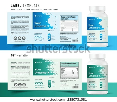 Vitamin label sticker design, natural multi food supplement banner packaging,jar label medicine health product print vector modern file.
