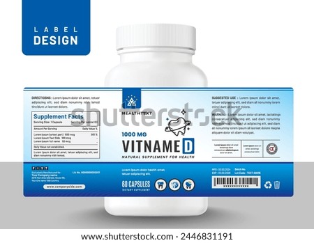 Dental food supplement multi vitamin label sticker oral design, bottle jar teeth product packaging.