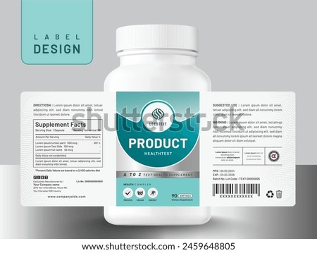 Food supplement multi vitamin label sticker design and dietary medicine bottle jar box packaging.