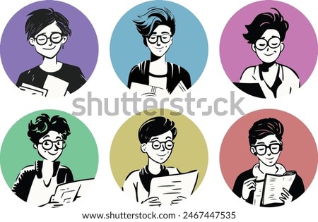 Girls black and white line style vector illustration of woman. Lesbian girl, woman with short hair