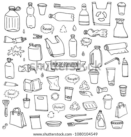 Hand drawn doodle Stop plastic pollution icons set Vector illustration sketchy symbols collection Cartoon concept elements Bag Bottle Recycle sign Package Disposal waste Contamination disposable dish