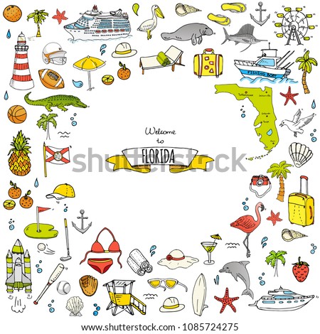 Hand drawn doodle Florida icons set. Vector illustration, isolated symbols collection of USA state, Cartoon elements Alligator Manatee Yacht Cruise sheep Fishing boat Golf American football Palm trees