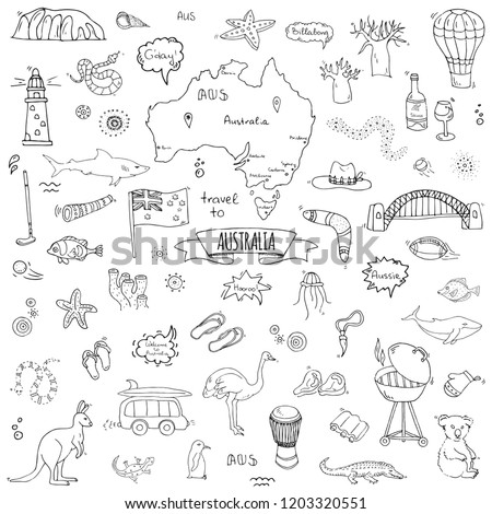 Hand drawn doodle Australia icons set Vector illustration isolated symbols collection of australian symbols Cartoon elements: map, flag, opera house, bbq, kangaroo, bridge, coral reef, snake, shark