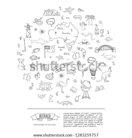 Hand drawn doodle Australia icons set Vector illustration isolated symbols collection of australian symbols Cartoon elements: flag, bbq, kangaroo, bridge, coral reef, snake, shark, ostrich, lighthouse