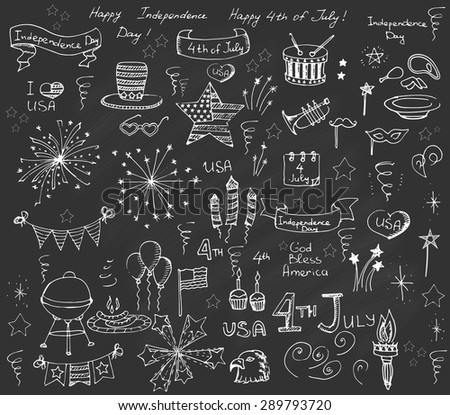 Set of hand drawn vector illustration elements Happy Independence Day, 4th of July, set of design elements for Independence Day, fireworks, star, flag, I love USA, balloons, BBQ, drum, uncle Sam's hat
