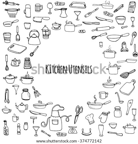 Hand drawn doodle Kitchen utensils set Vector illustration Sketchy kitchen ware icons collection Isolated appliance kitchen tools symbols Cutlery icons Cooking equipment Tea pot Pan Knife Chef hat Cup