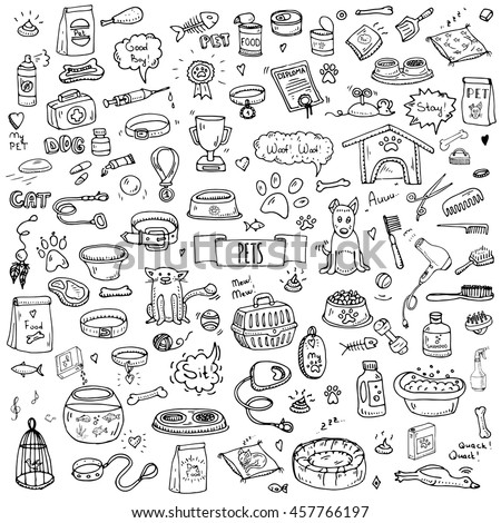 Hand drawn doodle Pets stuff and supply icons set. Vector illustration. Vet symbol collection. Cartoon dogs and cats care elements: kennel, leash, food, paw, bowl, bone and other goods for pet shop