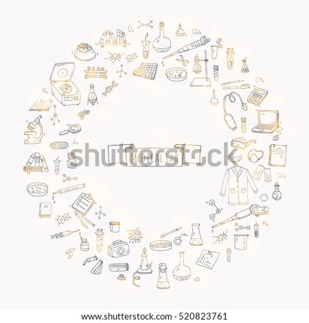 Hand drawn doodle Medical laboratory icons set. Vector illustration. Chemical lab symbol collection. Cartoon medicine and healthcare elements: research tools, substance and molecules, lab coat, mask