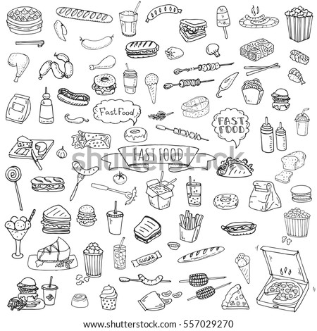 Hand drawn doodle Fast food icons set. Vector illustration. Junk food elements collection. Cartoon snack various sketch symbol: soda, burger, potato,hot dog, pizza, tacos, sweet desert, donut, popcorn