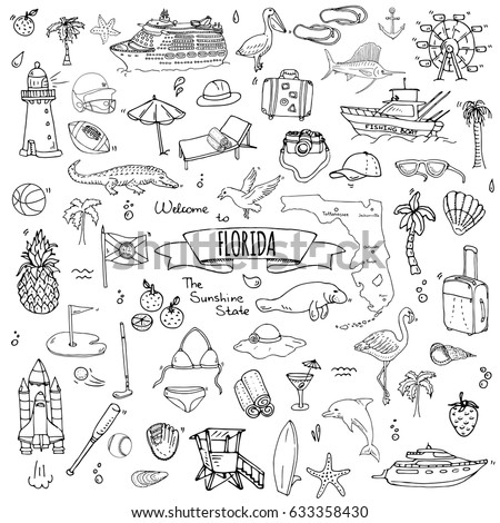 Hand drawn doodle Florida icons set. Vector illustration, isolated symbols collection of USA state, Cartoon elements Alligator Manatee Yacht Cruise sheep Fishing boat Golf American football Palm tree