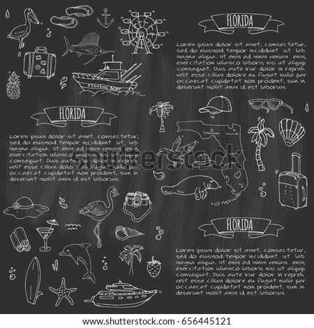 Hand drawn doodle Florida icons set. Vector illustration, isolated symbols collection of USA state, Cartoon elements Alligator Manatee Yacht Cruise sheep Fishing boat Golf American football Palm trees