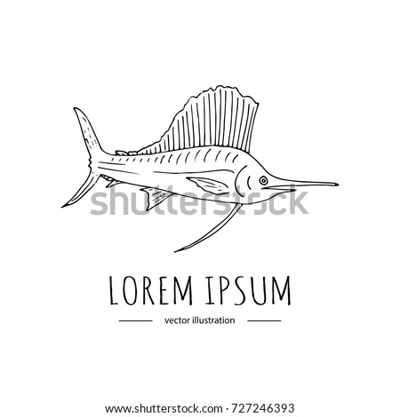 Hand drawn doodle Blue Marlin fish icon isolated on white background. Vector illustration, Fishing related icon - Colorful fish. Sketchy element. Cartoon catching wild fish Scales Spike fin Tale