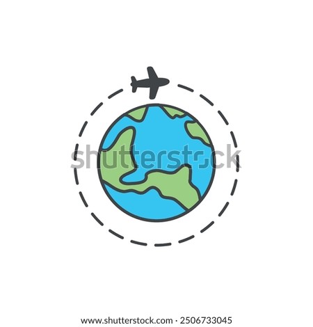 vector illustration of an airplane and the earth, globe, flight path, symbol around the world.