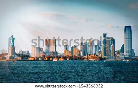 Skyline view of skyscrapers from water, from Hudson to  the New Jersey city, opposite New York. USA.