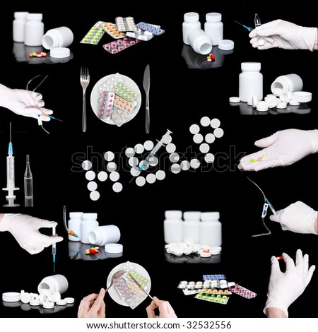 Collage od medicine- pills bottle,infusion set,syringes.Isolated on black.