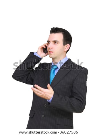 Businessman talk over cell phone. Isolated .