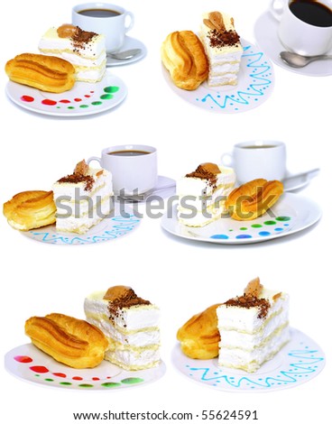 Collection-sponge cakes and  eclair  cake on plate . Isolated over white