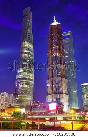 SHANGHAI, CHINA - MAY 24, 2015: Beautiful and office skyscrapers,night view city building of Pudong, Shanghai, China. Most modern city on continental part of China.