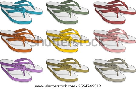 nine pairs of flip-flops in different colors, arranged in a 3x3 grid, highlighting the variety and vibrancy of the footwear