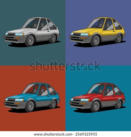 a retro compact hatchback car in four colors (gray, yellow, blue, red), arranged in a 2x2 grid, emphasizing its design variations against a solid teal background