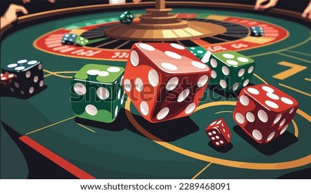 Several colorful dice on the table, casino background,2d illustrations, EPS 10 vector.