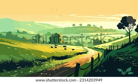 Stylized british countryside, grazing cows, flat design. 2d illustration.