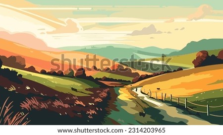 Stylized british countryside, grazing cows, flat design. 2d illustration.