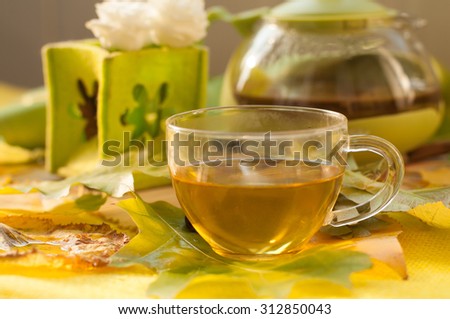 A bright green and yellow composition with a tea pot, a cup of herbal tea, autumn leaves and flowers