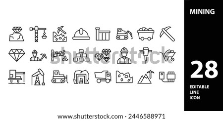 Mining, icon set. Extraction of minerals in the mine and surface, linear icons. Line with editable stroke