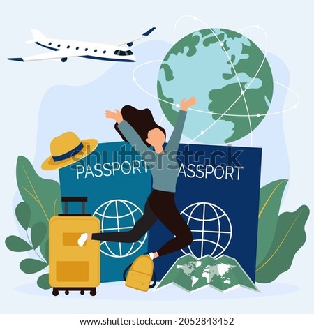 Illustration of a joyful girl who received a visa, packed her suitcase and is now flying abroad
