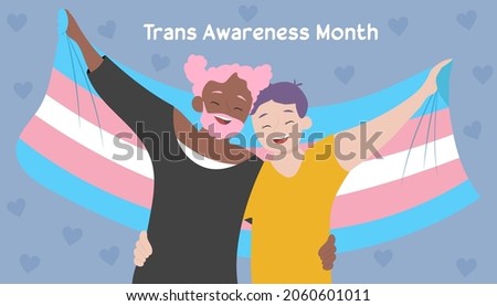 Trans awareness month with two people holding the transgender flag. LGBT community event in November.