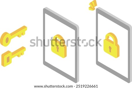 Isometric illustration of a tablet device locked with a key 2