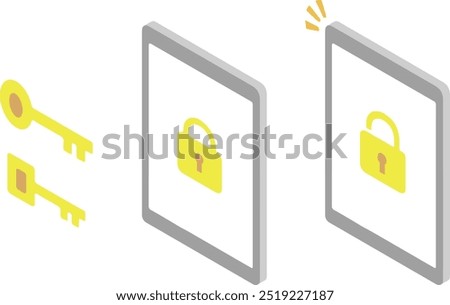 Isometric illustration of a tablet device locked with a key 1