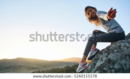 Similar – Image, Stock Photo Woman hiker standing and looking at Sil Canyon