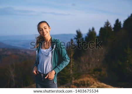 Similar – Image, Stock Photo Woman hiker standing and looking at Sil Canyon