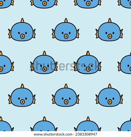 Cute Blue Fish Pouting Face with black outline on Plain Background. Ocean Underwater Animal Simple Character Design. 2D Vectors Seamless Pattern Repetitive Wallpaper for Wallpaper, Gift wrap, etc.