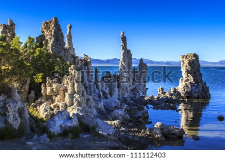 Tufa tower rock formations in Mono Lake are calcium-carbonate spires and knobs formed by interaction of freshwater springs and alkaline lake water.