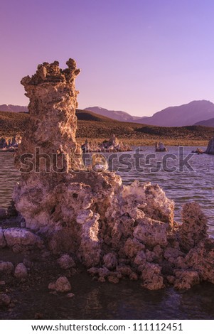 Tufa tower rock formations in Mono Lake are calcium-carbonate spires and knobs formed by interaction of freshwater springs and alkaline lake water.