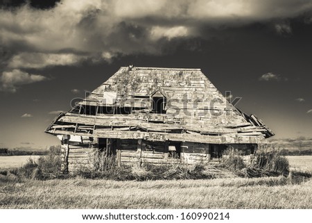 An old weather and rustic abandoned farm house. Processed with an infrared monochrome filter.