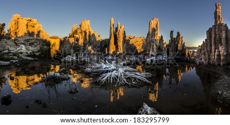 Mono Lake is one of California\'s most prominent photographic icons. The Tufas are dramatic rock spires protruding from the seabed.