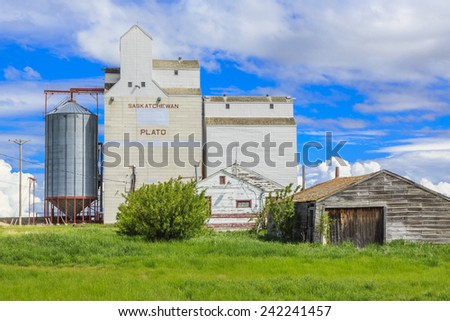 An old garage or shop by the grain elevator in the small town of Plato, Saskatchewan, Canada.