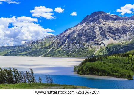 The clean blue mountain water enters the muddy waters of Middle Waterton Lake at Waterton Lakes National Park in Alberta, Canada.