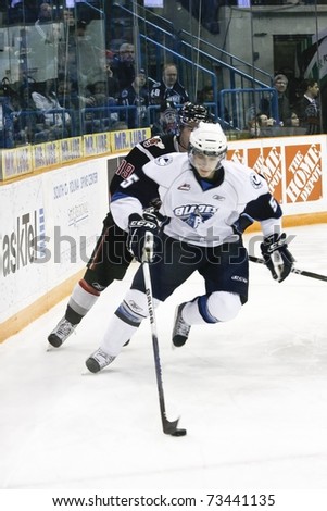 SASKATOON - MARCH 17: Duncan Siemens of the Saskatoon Blades at Western Hockey League (WHL) game. March 17, 2011 in Saskatoon, Canada.
